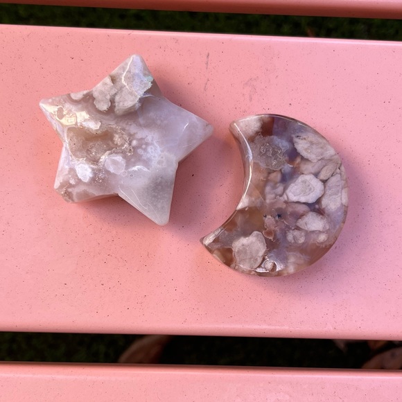 Flower Agate carved star & moon crystal pair 🌙⭐️✨ - Picture 3 of 9